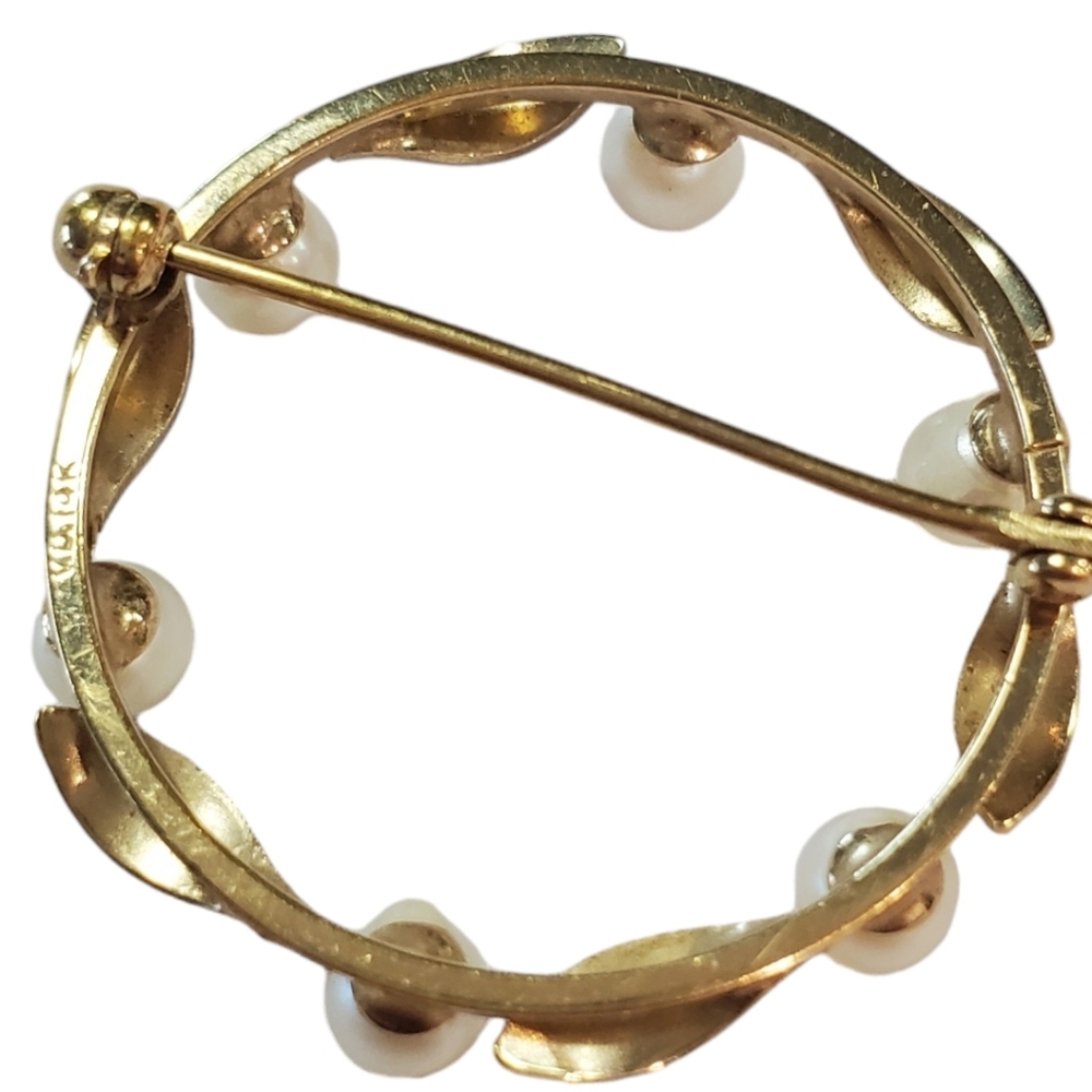 14k Yellow Gold And Pearl Vintage Wreath Brooch/Pin - Picture 11 of 11